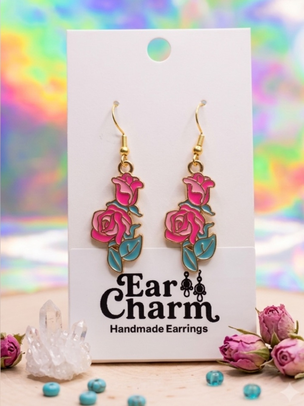 New- Handmade Pink Rose Floral Dangle Earrings